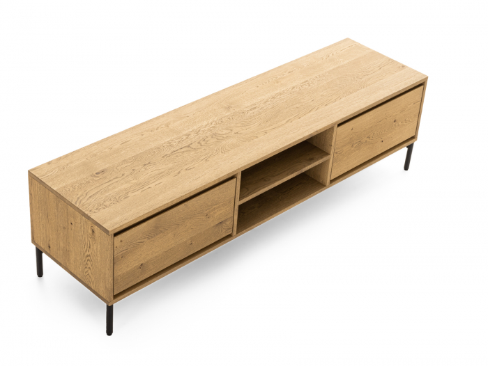 Comoda TV 2 sertare si nisa Atlas 180cm, modulara, lemn masiv de stejar, picioare metalice, feronerie cu amortizare, multiple finisaje disponibile, stil minimalist [7]