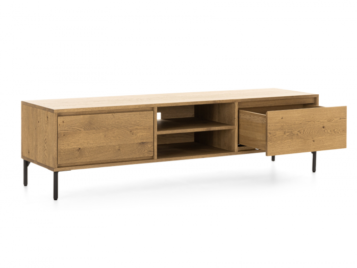 Comoda TV 2 sertare si nisa Atlas 180cm, modulara, lemn masiv de stejar, picioare metalice, feronerie cu amortizare, multiple finisaje disponibile, stil minimalist [2]
