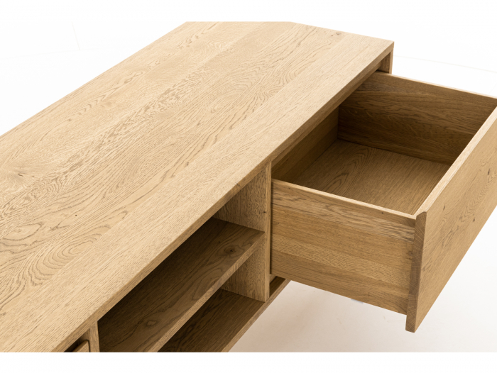 Comoda TV 2 sertare si nisa Atlas 180cm, modulara, lemn masiv de stejar, picioare metalice, feronerie cu amortizare, multiple finisaje disponibile, stil minimalist [9]