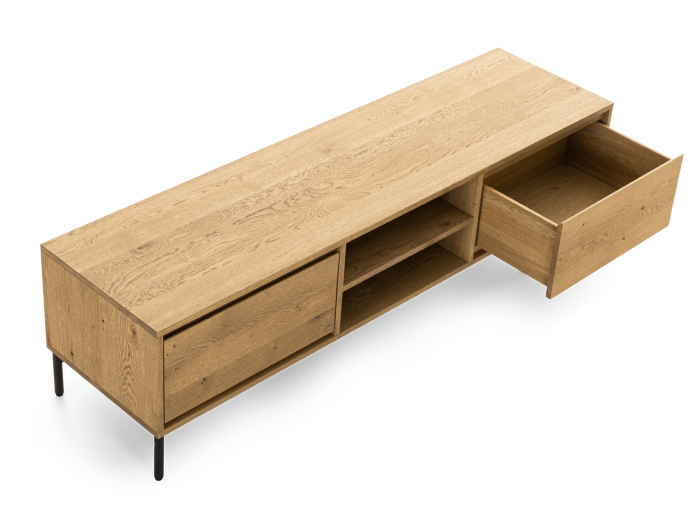 Comoda TV 2 sertare si nisa Atlas 180cm, modulara, lemn masiv de stejar, picioare metalice, feronerie cu amortizare, multiple finisaje disponibile, stil minimalist [8]