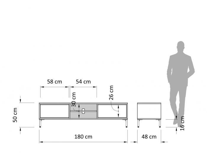 Comoda TV 2 sertare si nisa Atlas 180cm, modulara, lemn masiv de stejar, picioare metalice, feronerie cu amortizare, multiple finisaje disponibile, stil minimalist [3]