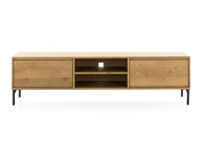 Comoda TV 2 sertare si nisa Atlas 180cm, modulara, lemn masiv de stejar, picioare metalice, feronerie cu amortizare, multiple finisaje disponibile, stil minimalist [4]