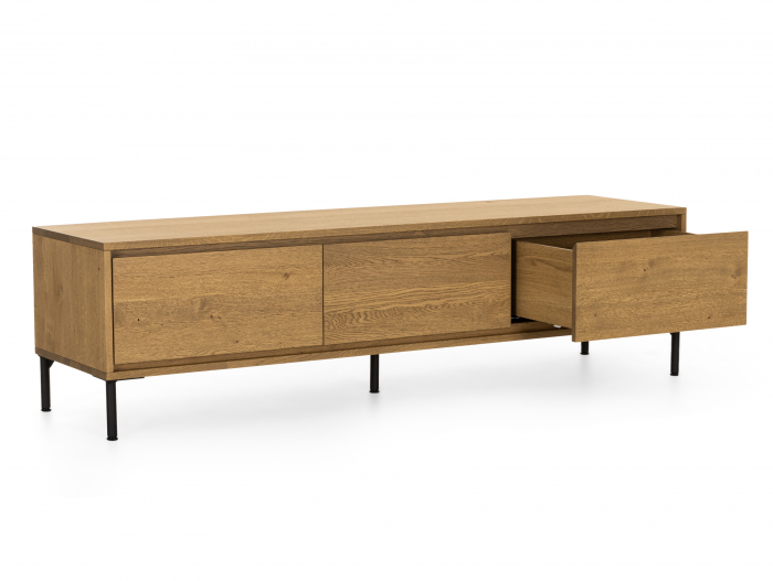 Comoda TV 3 sertare Atlas 180cm, modulara, lemn masiv de stejar, picioare metalice, feronerie cu amortizare, multiple finisaje disponibile, stil minimalist [2]