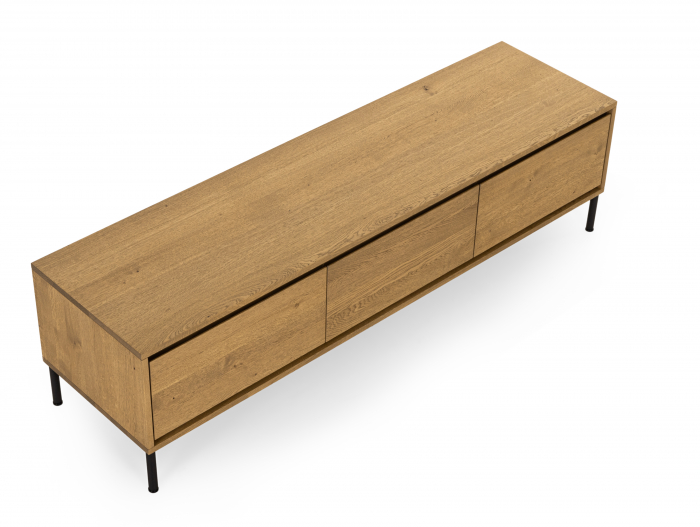Comoda TV 3 sertare Atlas 180cm, modulara, lemn masiv de stejar, picioare metalice, feronerie cu amortizare, multiple finisaje disponibile, stil minimalist [6]