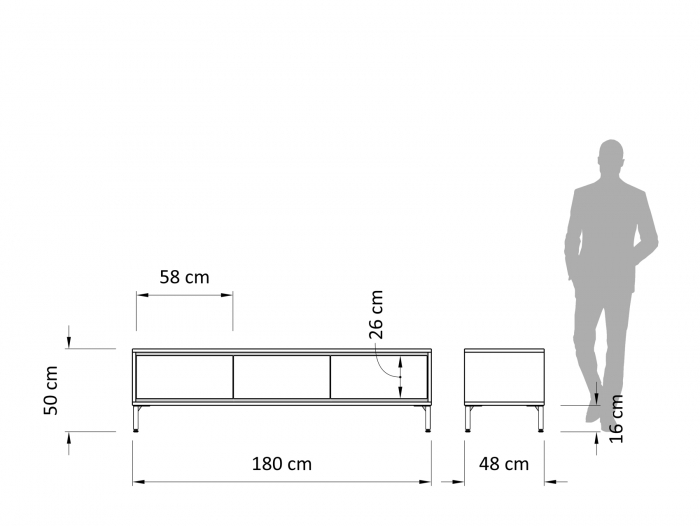 Comoda TV 3 sertare Atlas 180cm, modulara, lemn masiv de stejar, picioare metalice, feronerie cu amortizare, multiple finisaje disponibile, stil minimalist [3]
