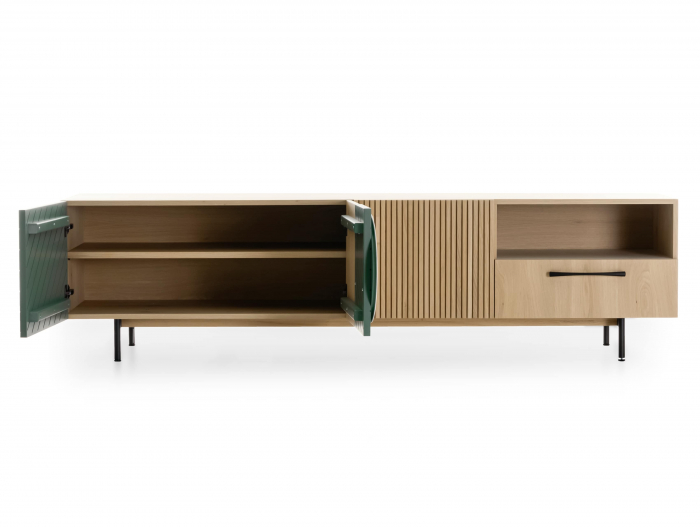 Comoda TV 3 usi 1 sertar 1 nisa Galla A 228cm, personalizabila, lemn de stejar, culori contrastante, ceramica, riflaj, picioare metalice, feronerie cu amortizare, stil contemporan [6]