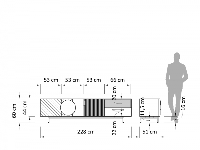Comoda TV 3 usi 1 sertar 1 nisa Galla A 228cm, personalizabila, lemn de stejar, culori contrastante, ceramica, riflaj, picioare metalice, feronerie cu amortizare, stil contemporan [5]