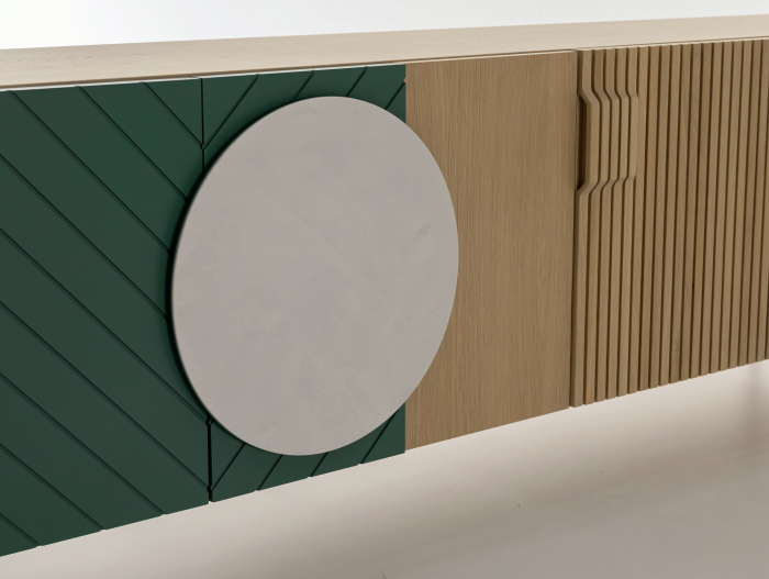 Comoda TV 3 usi 1 sertar 1 nisa Galla A 228cm, personalizabila, lemn de stejar, culori contrastante, ceramica, riflaj, picioare metalice, feronerie cu amortizare, stil contemporan [17]