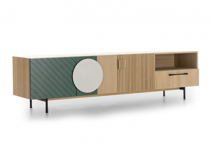 Comoda TV 3 usi 1 sertar 1 nisa Galla A 228cm, personalizabila, lemn de stejar, culori contrastante, ceramica, riflaj, picioare metalice, feronerie cu amortizare, stil contemporan [10]