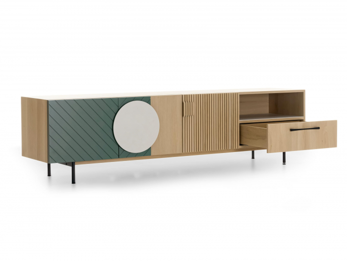 Comoda TV 3 usi 1 sertar 1 nisa Galla A 228cm, personalizabila, lemn de stejar, culori contrastante, ceramica, riflaj, picioare metalice, feronerie cu amortizare, stil contemporan [11]