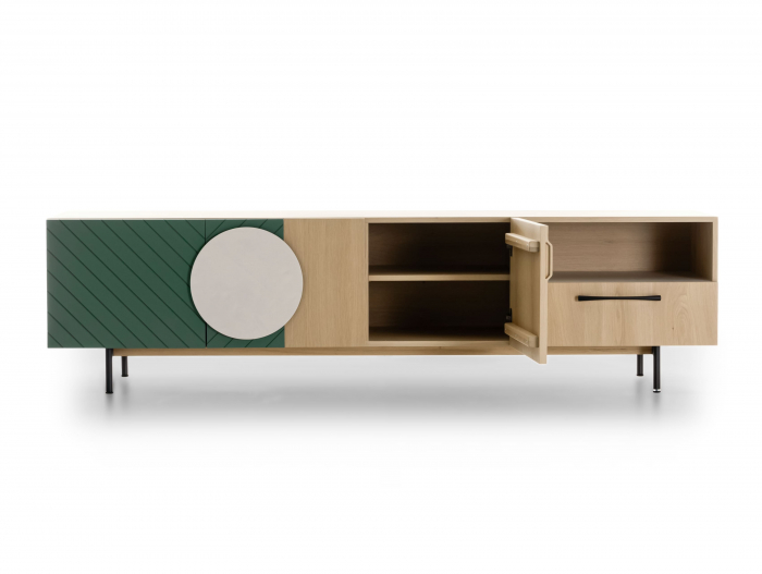 Comoda TV 3 usi 1 sertar 1 nisa Galla A 228cm, personalizabila, lemn de stejar, culori contrastante, ceramica, riflaj, picioare metalice, feronerie cu amortizare, stil contemporan [7]