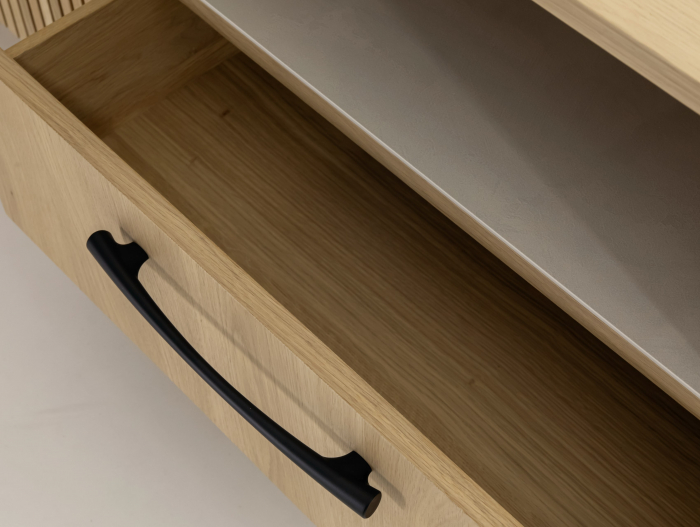 Comoda TV 3 usi 1 sertar 1 nisa Galla A 228cm, personalizabila, lemn de stejar, culori contrastante, ceramica, riflaj, picioare metalice, feronerie cu amortizare, stil contemporan [14]