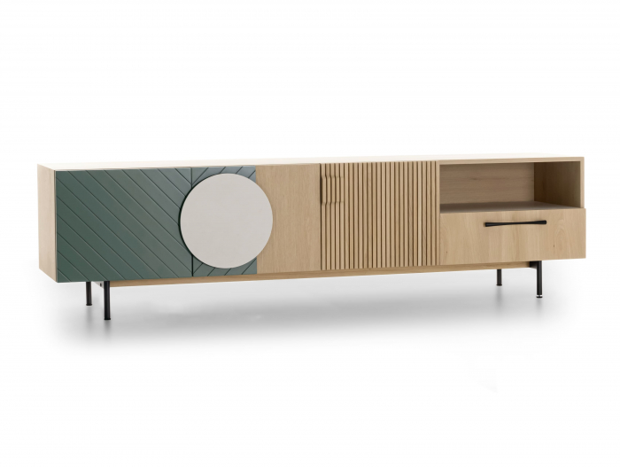 Comoda TV 3 usi 1 sertar 1 nisa Galla A 228cm, personalizabila, lemn de stejar, culori contrastante, ceramica, riflaj, picioare metalice, feronerie cu amortizare, stil contemporan [15]