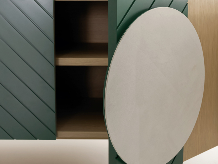 Comoda TV 3 usi 1 sertar 1 nisa Galla A 228cm, personalizabila, lemn de stejar, culori contrastante, ceramica, riflaj, picioare metalice, feronerie cu amortizare, stil contemporan [3]