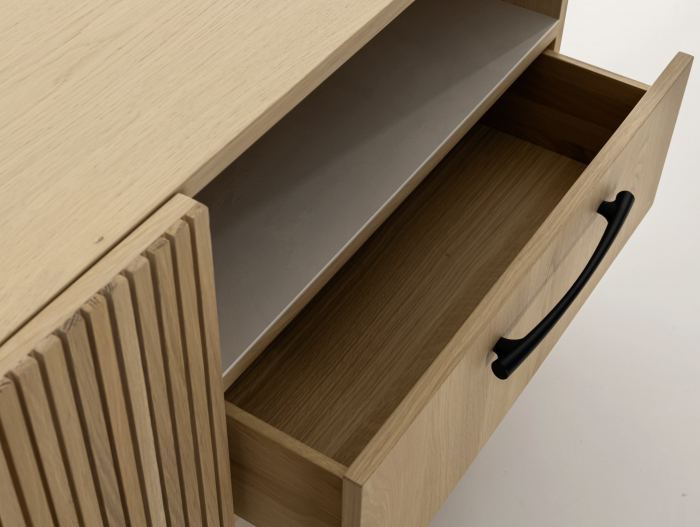Comoda TV 3 usi 1 sertar 1 nisa Galla A 228cm, personalizabila, lemn de stejar, culori contrastante, ceramica, riflaj, picioare metalice, feronerie cu amortizare, stil contemporan [4]
