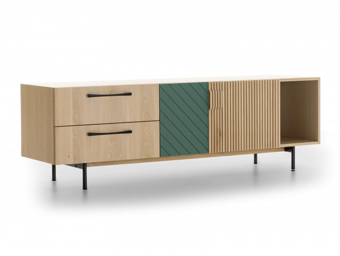 Comoda TV 2 usi 2 sertare 1 nisa Galla C 190cm, personalizabila, lemn de stejar, culori contrastante, ceramica, riflaj, picioare metalice, feronerie cu amortizare, stil contemporan [9]