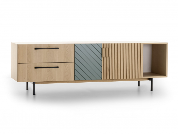 Comoda TV 2 usi 2 sertare 1 nisa Galla C 190cm, personalizabila, lemn de stejar, culori contrastante, ceramica, riflaj, picioare metalice, feronerie cu amortizare, stil contemporan [6]