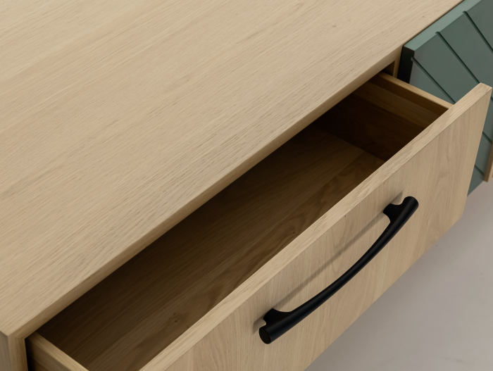Comoda TV 2 usi 2 sertare 1 nisa Galla C 190cm, personalizabila, lemn de stejar, culori contrastante, ceramica, riflaj, picioare metalice, feronerie cu amortizare, stil contemporan [7]