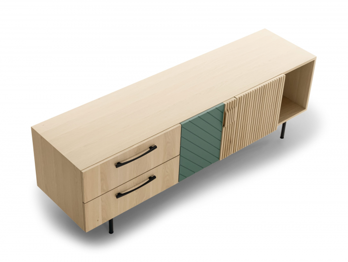 Comoda TV 2 usi 2 sertare 1 nisa Galla C 190cm, personalizabila, lemn de stejar, culori contrastante, ceramica, riflaj, picioare metalice, feronerie cu amortizare, stil contemporan [12]