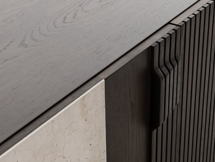Comoda TV 2 usi 2 sertare 1 nisa Galla C 228cm, personalizabila, lemn de stejar, culori contrastante, ceramica, riflaj, picioare metalice, feronerie cu amortizare, stil contemporan [2]