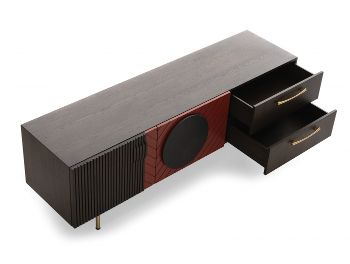 Comoda TV 2 usi 2 sertare Galla E 190cm, personalizabila, lemn de stejar, culori contrastante, ceramica, riflaj, picioare metalice, feronerie cu amortizare, stil contemporan [13]