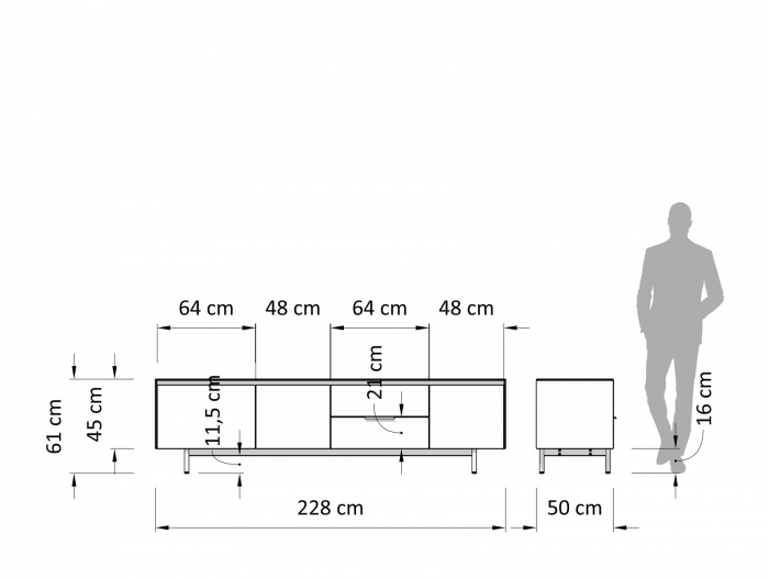 Comoda TV 3 usi 2 sertare Linea 228cm, lemn de stejar, picioare metalice, feronerie cu amortizare, multiple finisaje disponibile, stil contemporan [6]