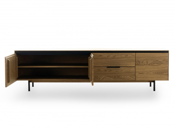 Comoda TV 3 usi 2 sertare Linea 228cm, lemn de stejar, picioare metalice, feronerie cu amortizare, multiple finisaje disponibile, stil contemporan [8]