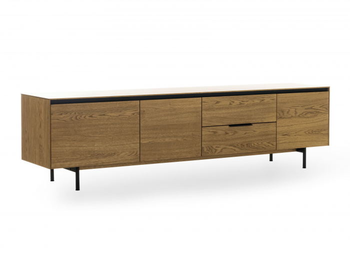 Comoda TV 3 usi 2 sertare Linea 228cm, lemn de stejar, picioare metalice, feronerie cu amortizare, multiple finisaje disponibile, stil contemporan [12]