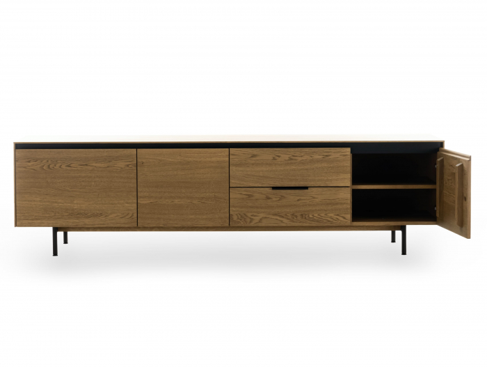 Comoda TV 3 usi 2 sertare Linea 228cm, lemn de stejar, picioare metalice, feronerie cu amortizare, multiple finisaje disponibile, stil contemporan [9]
