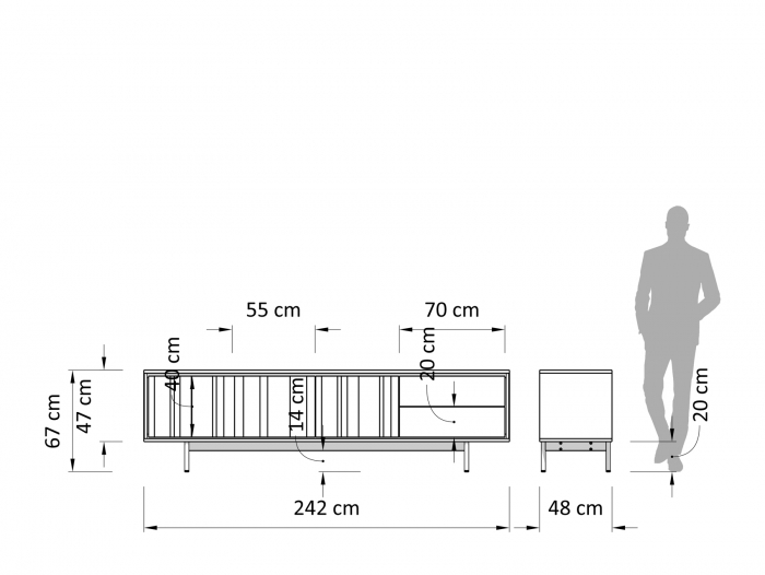 Comoda TV 3 usi 2 sertare Raya 242cm, lemn de stejar, picioare metalice, feronerie cu amortizare, multiple finisaje disponibile, stil contemporan [3]