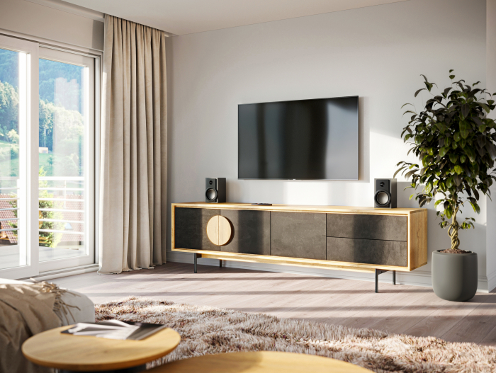 Comoda TV 3 usi 2 sertare Veneto 242cm, lemn de stejar si microciment, picioare metalice, feronerie cu amortizare, multiple finisaje disponibile, stil contemporan [2]