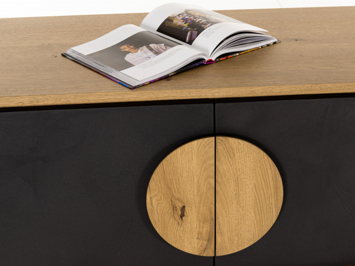 Comoda TV 3 usi 2 sertare Veneto 242cm, lemn de stejar si microciment, picioare metalice, feronerie cu amortizare, multiple finisaje disponibile, stil contemporan [5]