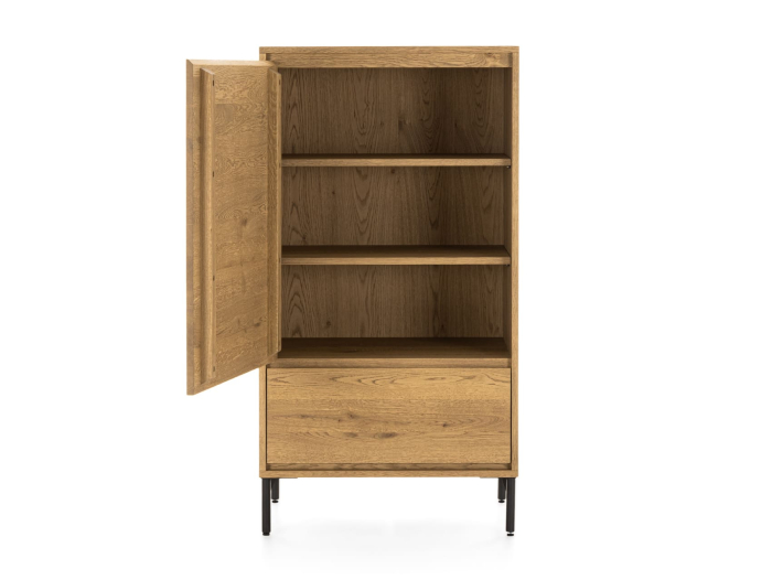 Dulap 1 usa 1 sertar Atlas 70cm, modular, lemn masiv de stejar, finisaj Castle Oak, picioare metalice, feronerie cu amortizare, usa deschidere stanga, stil minimalist [2]