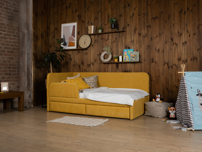 Pat pentru copii tapitat Bari 2, cu laterala de protectie, sertare pentru depozitare, picioare plastic 3cm, stil contemporan, personalizabil [3]