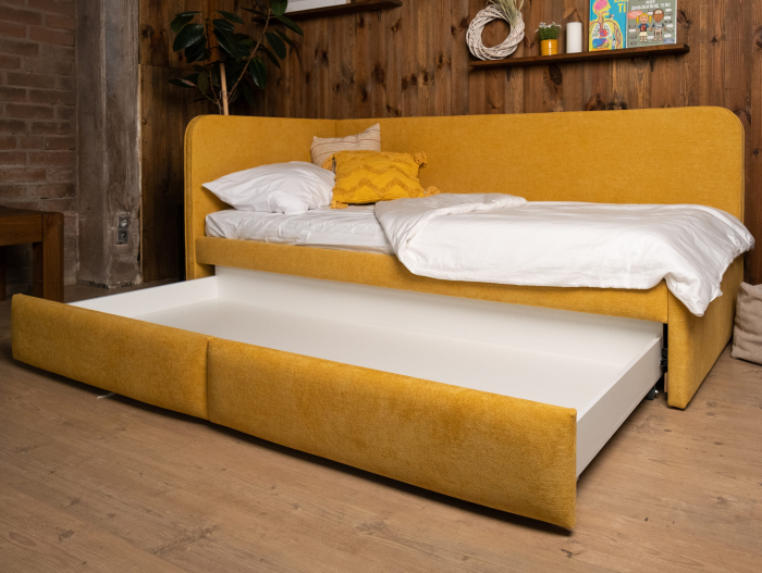 Pat pentru copii tapitat Bari 2, cu laterala de protectie, sertare pentru depozitare, picioare plastic 3cm, stil contemporan, personalizabil [7]