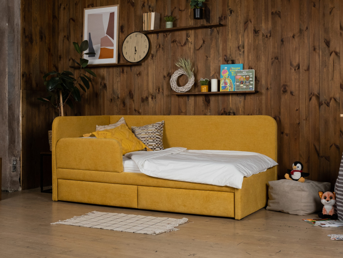 Pat pentru copii tapitat Bari 2, cu laterala de protectie, sertare pentru depozitare, picioare plastic 3cm, stil contemporan, personalizabil [6]