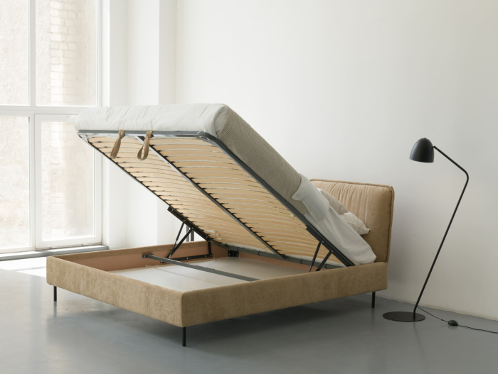 Pat tapitat Alba 1 cu tablie inalta, lada depozitare, somiera metalica, picioare metalice 10cm, laterale dehusabile, stil modern, personalizabil [5]