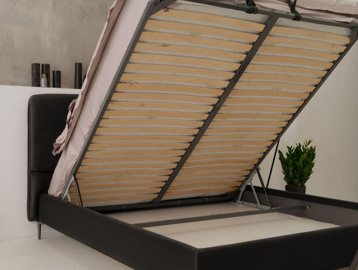 Pat tapitat Catania 1 cu tablie inalta ajustabila, lada depozitare, somiera metalica, picioare metalice 15cm, laterale dehusabile, stil modern, personalizabil [8]