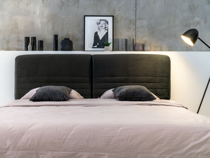 Pat tapitat Catania 1 cu tablie inalta ajustabila, lada depozitare, somiera metalica, picioare metalice 15cm, laterale dehusabile, stil modern, personalizabil [22]