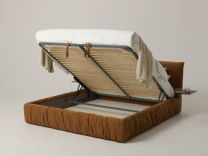 Pat tapitat Kemi cu tablie inalta capitonata, lada depozitare, somiera metalica, picioare plastic 3cm, laterale dehusabile, stil modern, personalizabil [2]