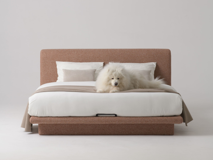 Pat tapitat Nola 2 cu tablie inalta capitonata, lada depozitare, somiera metalica, picioare plastic 3cm, laterale dehusabile, stil modern, personalizabil [19]