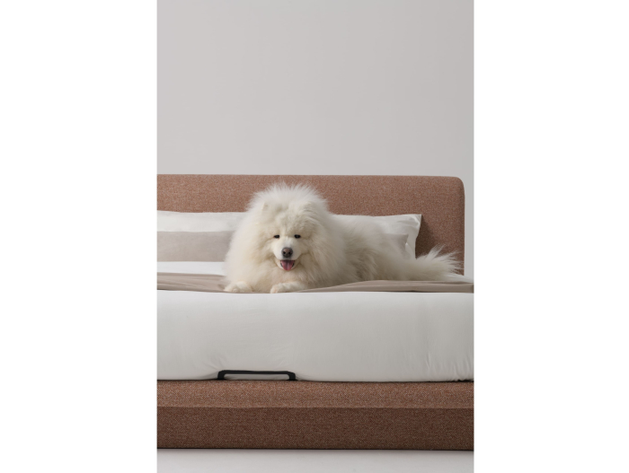 Pat tapitat Nola 2 cu tablie inalta capitonata, lada depozitare, somiera metalica, picioare plastic 3cm, laterale dehusabile, stil modern, personalizabil [17]