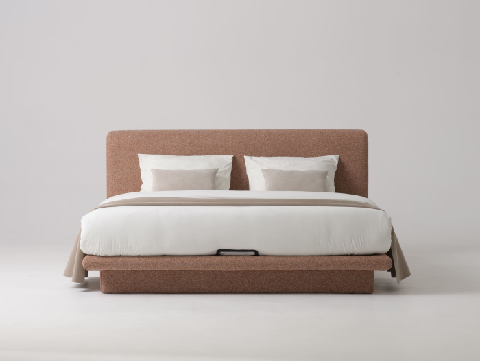 Pat tapitat Nola 2 cu tablie inalta capitonata, lada depozitare, somiera metalica, picioare plastic 3cm, laterale dehusabile, stil modern, personalizabil [9]