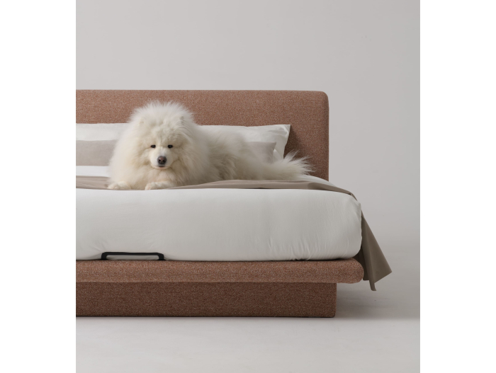 Pat tapitat Nola 2 cu tablie inalta capitonata, lada depozitare, somiera metalica, picioare plastic 3cm, laterale dehusabile, stil modern, personalizabil [18]