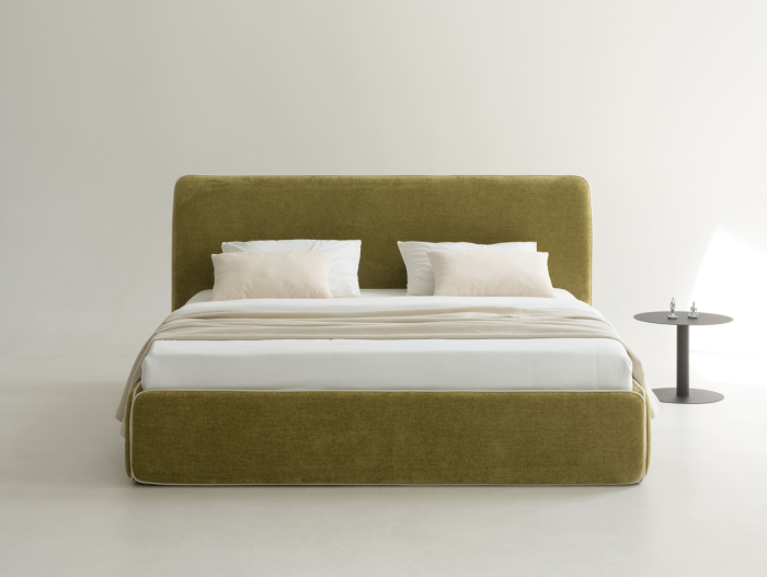 Pat tapitat Torino cu tablie inalta capitonata, lada depozitare, somiera metalica, picioare plastic 3cm, laterale dehusabile, stil modern, personalizabil [11]