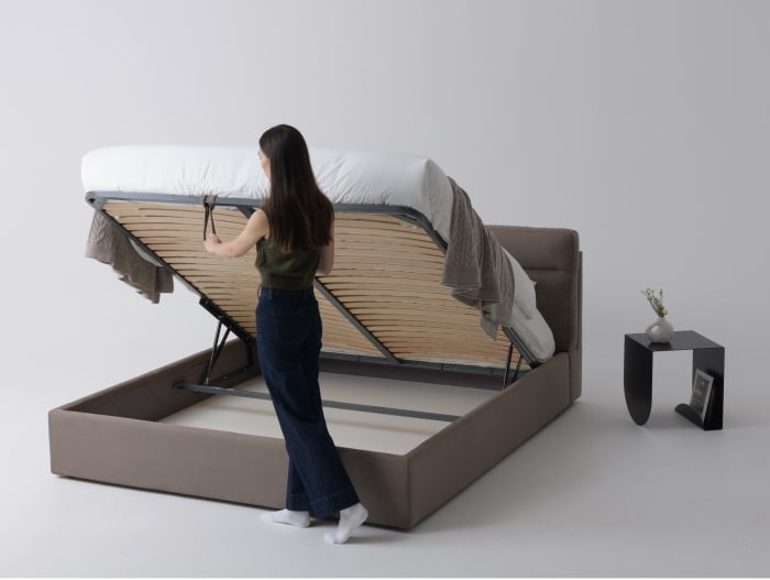 Pat tapitat Vancouver cu tablie inalta ultra-comfortabila, lada depozitare, somiera metalica, picioare plastic 3cm, laterale dehusabile, stil contemporan, personalizabil [9]