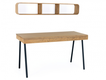 Mobila Birou - Birou 3 sertare Soho cu etajera de perete 140cm, lemn de stejar si otel, multiple finisaje disponibile, stil contemporan