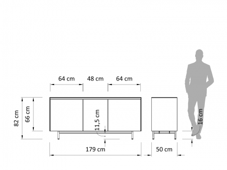 Bufet 3 usi Linea 179cm, lemn de stejar, picioare metalice, feronerie cu amortizare, multiple finisaje disponibile, stil contemporan [2]