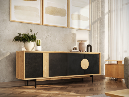 Bufet 4 usi Veneto 227cm, lemn de stejar si microciment, picioare metalice, feronerie cu amortizare, multiple finisaje disponibile, stil contemporan [1]