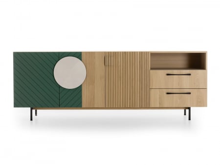 Mobila Dining - Bufet 3 usi 2 sertare 1 nisa Galla A 228cm, personalizabil, lemn de stejar, culori contrastante, ceramica, riflaj, picioare metalice, feronerie cu amortizare, stil contemporan